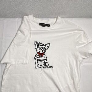 French Connection Men's M Short Sleeve Crew Neck Graphic Tee White Dog Cotton